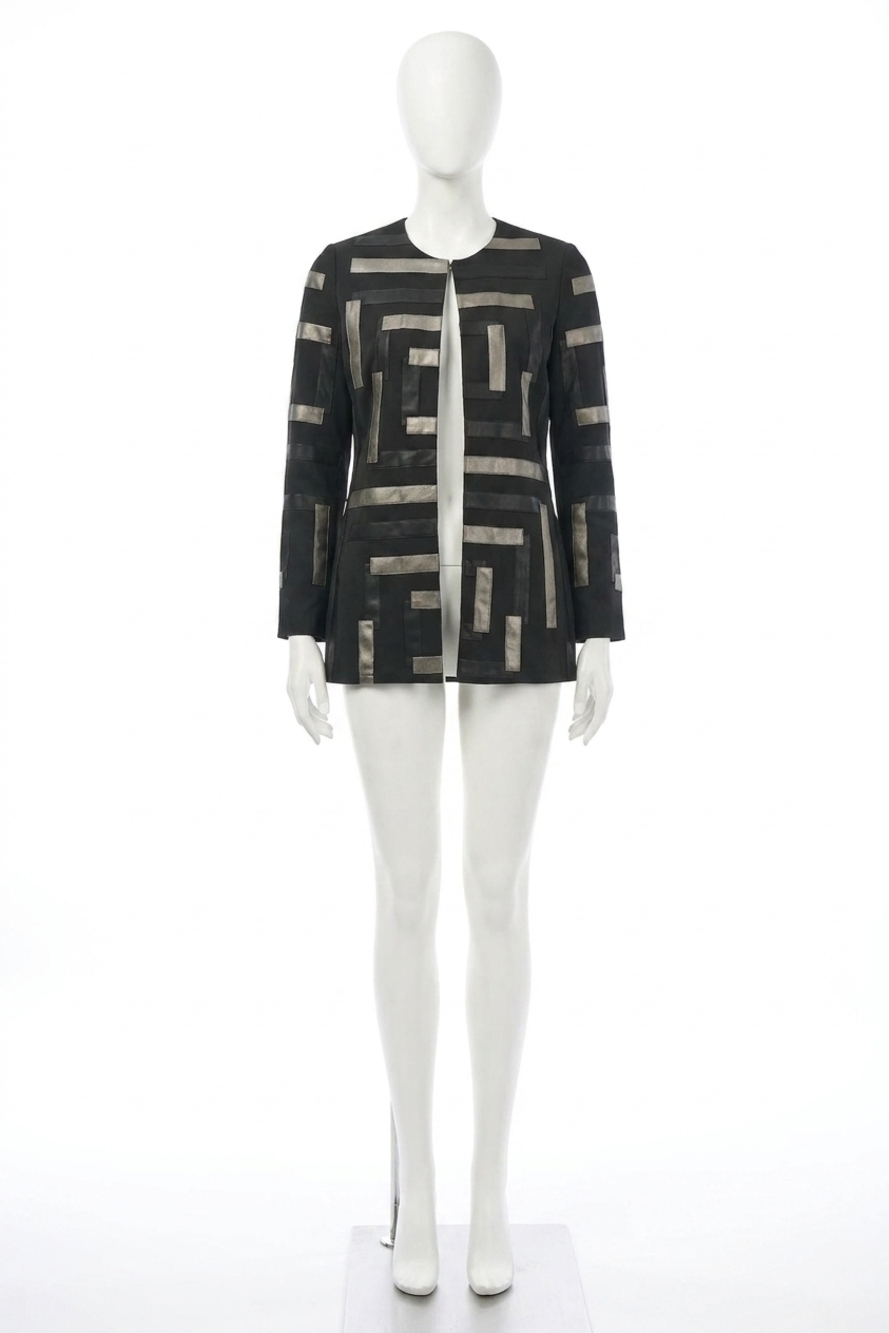 NEW JOSEPH RIBKOFF solana scuba and leatherette collarless jacket in black